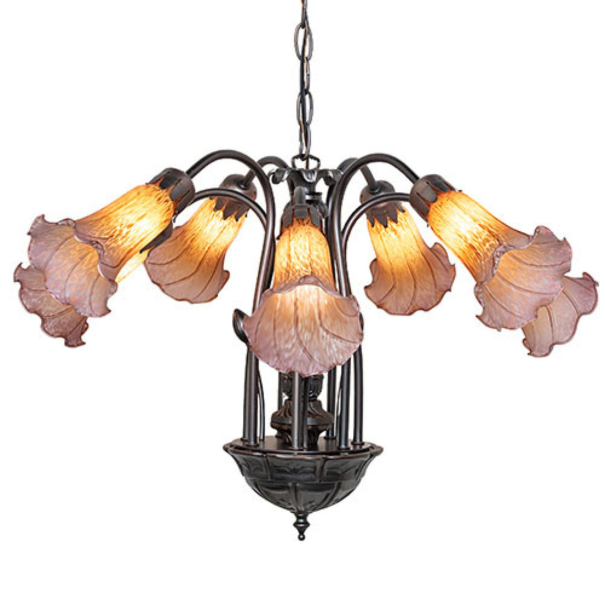 Seven-light chandelier with vibrant amber and purple Tiffany glass lily shades.