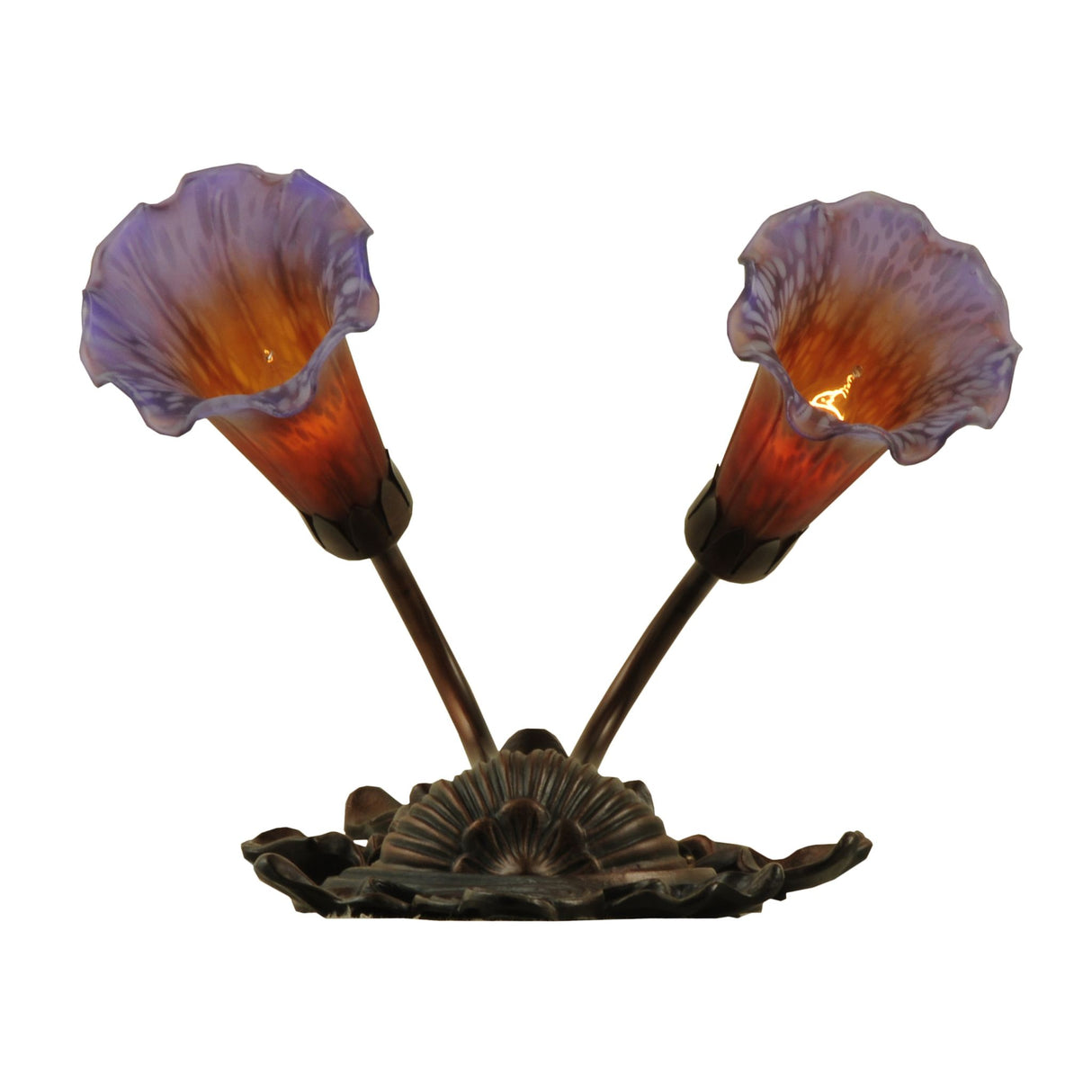 Dual Amber and Purple Pond Lily glass shades on decorative bronze base with intricate details.