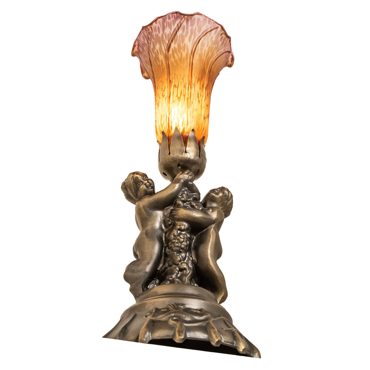 Bottom angle view of cherub base and flared amber-purple lily glass shade.