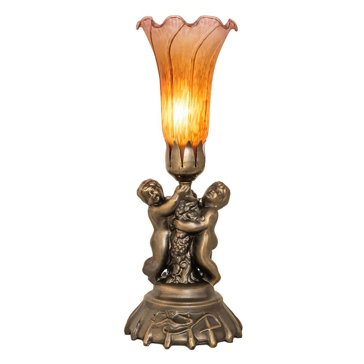 Front view of 13" amber and purple pond lily cherub accent lamp.