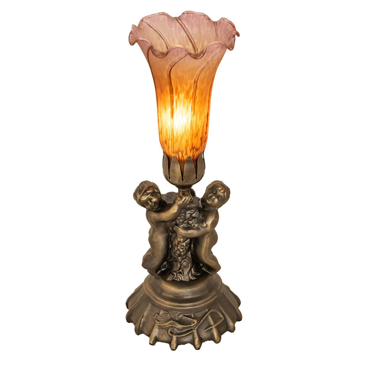 Lit amber and purple pond lily mini lamp with twin cherub base.