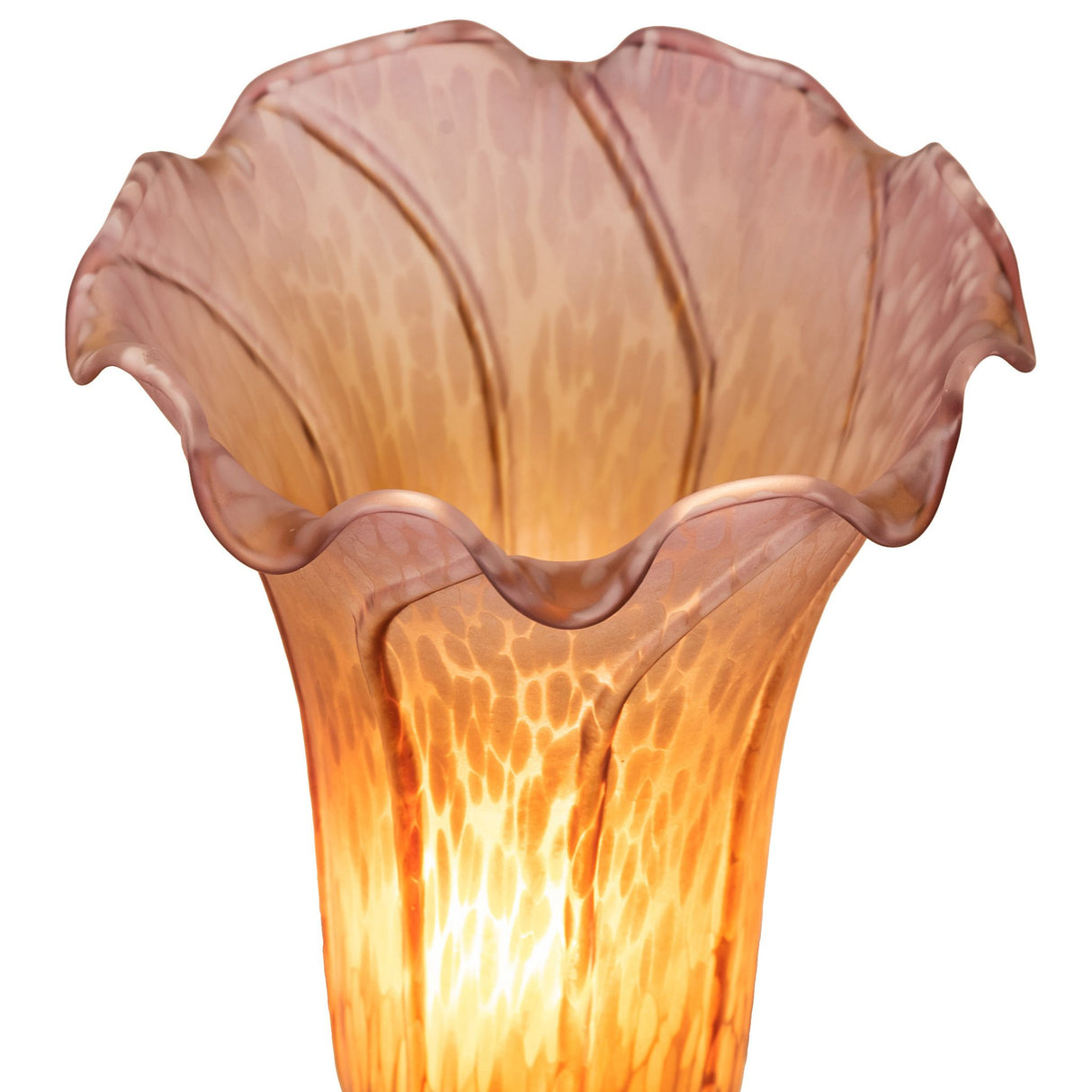 Close-up of amber and purple pond lily glass shade on cherub accent lamp.
