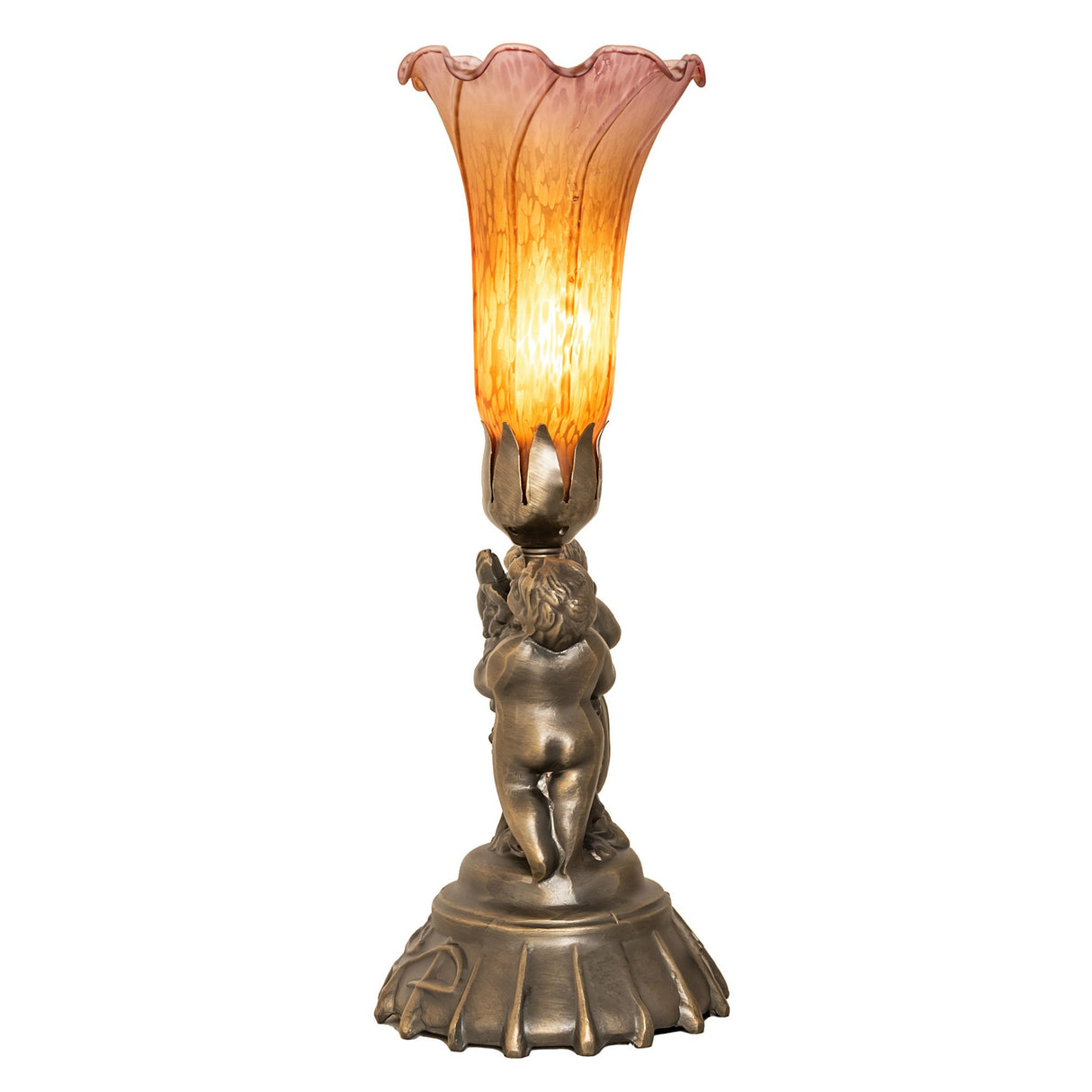 Side view of amber and purple pond lily twin cherub accent lamp.