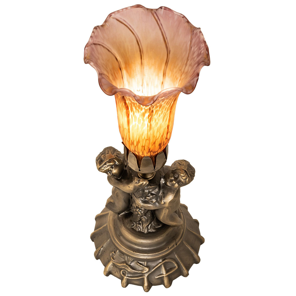Top view of amber and purple pond lily cherub accent lamp.