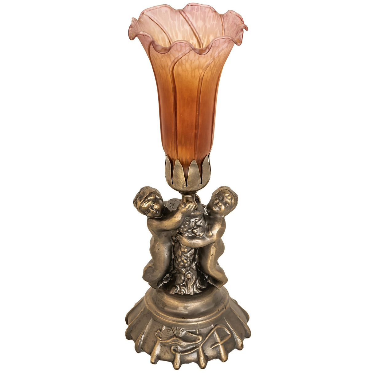 Unlit amber and purple art glass mini lamp with cherub base.