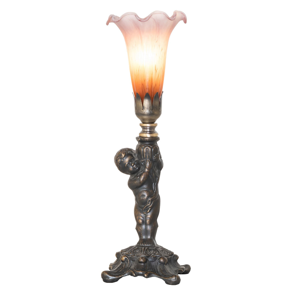 Amber and purple cherub mini lamp lit with glowing pond lily shade.