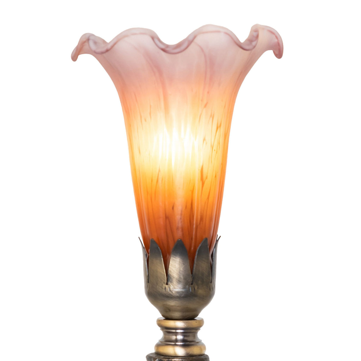 Close-up of amber and purple Pond Lily glass shade.