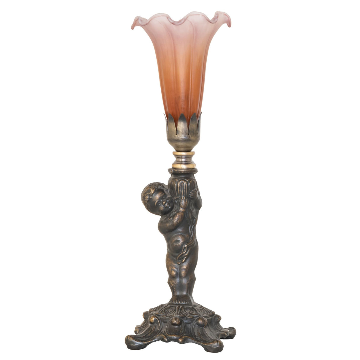 Unlit view of Amber and purple cherub mini lamp.