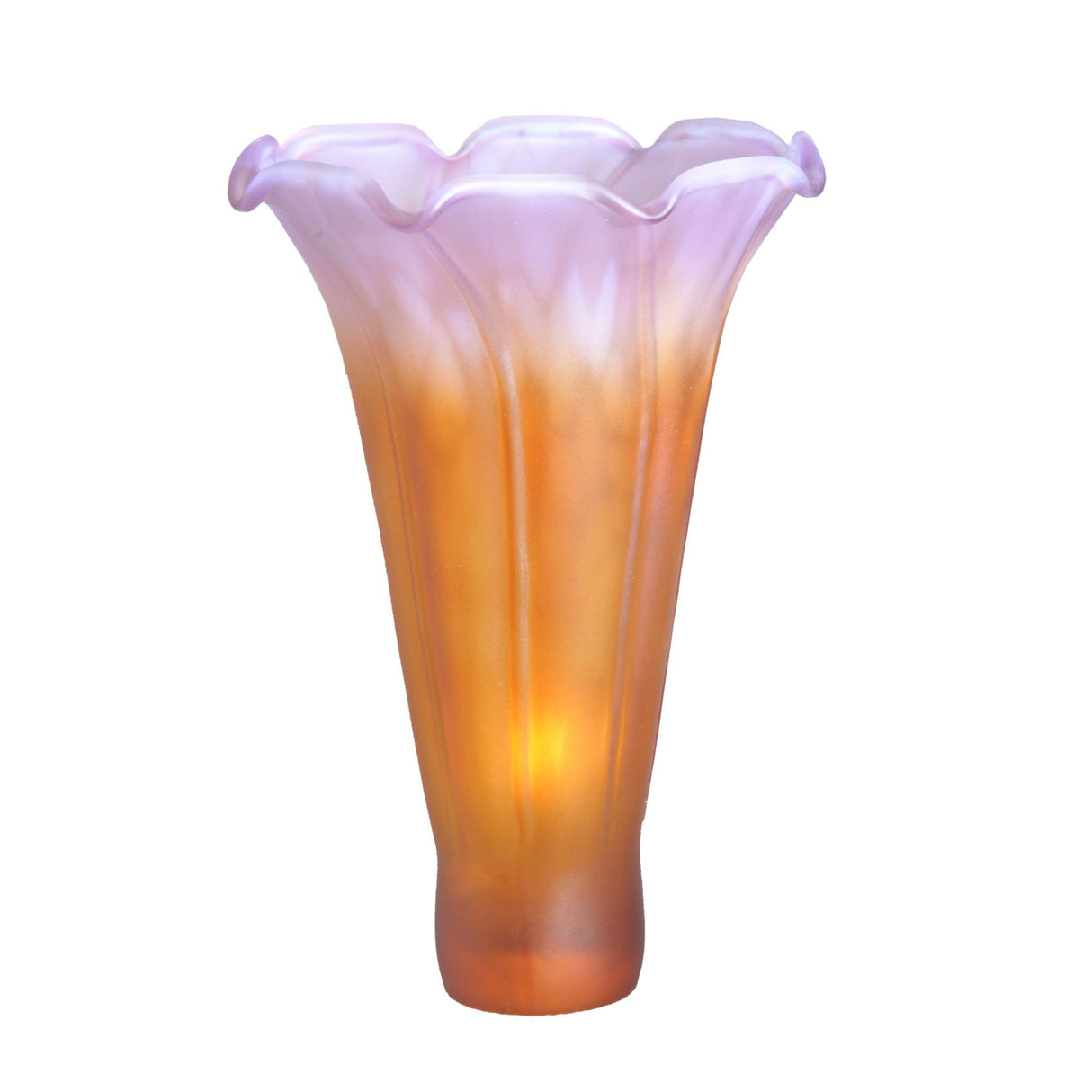 Amber and purple mottled glass lily shade with flared ruffled edge.