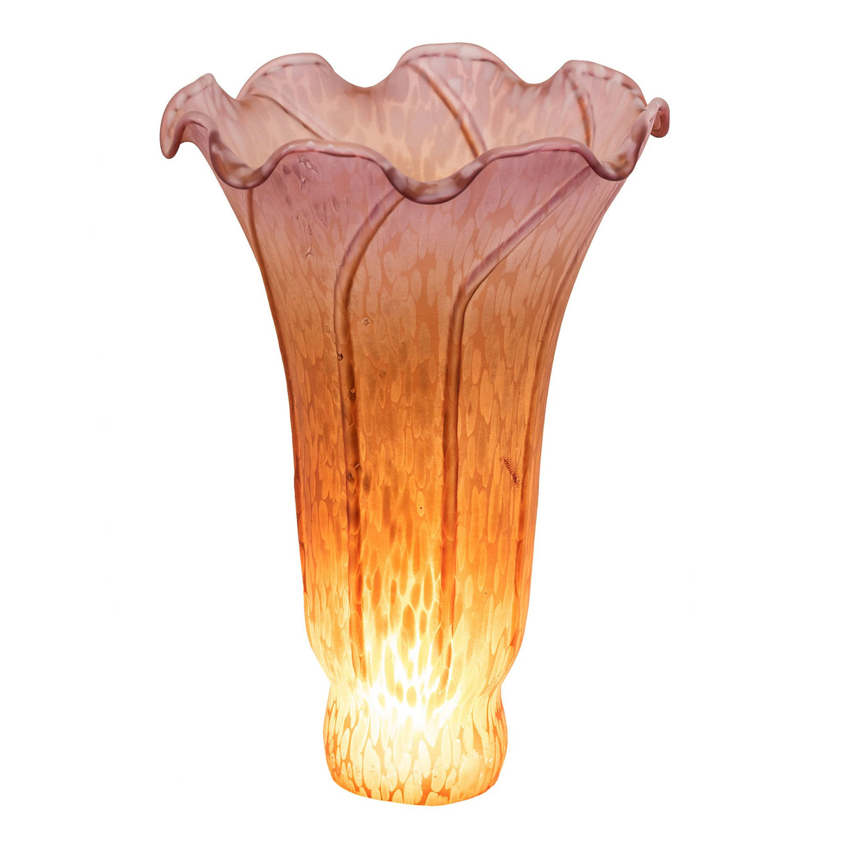 Lit view of 4x6 amber and purple pond lily glass shade.