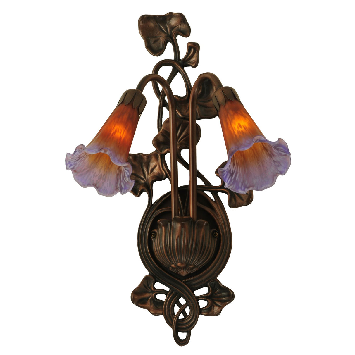 Elegant Amber and Purple Pond Lily wall sconce with two curved glass shades.