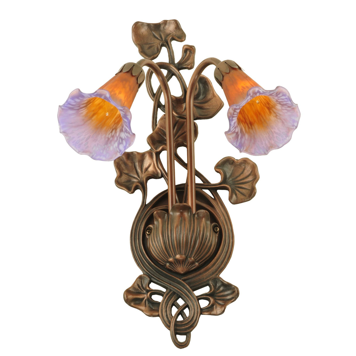 Artistic Amber and Purple Pond Lily sconce with dual light design and flower-shaped glass shades.