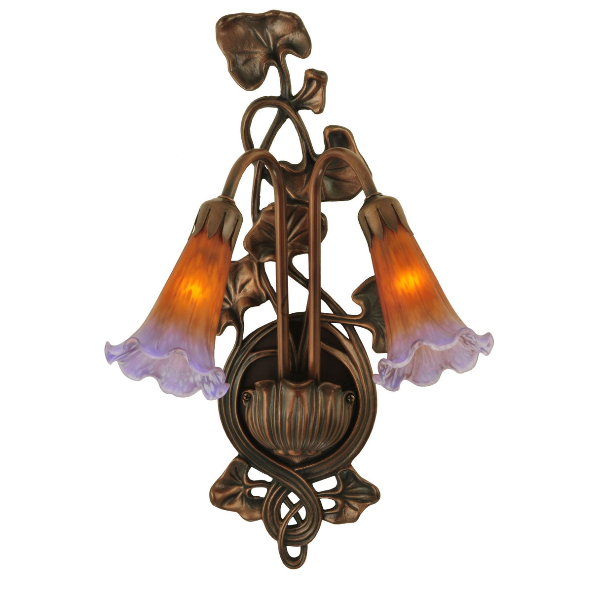 Amber and Purple Pond Lily sconce featuring delicate floral glass shades and bronze leaves.