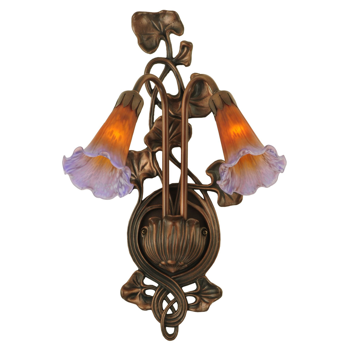 Amber and Purple Pond Lily sconce showcasing warm, glowing floral shades.