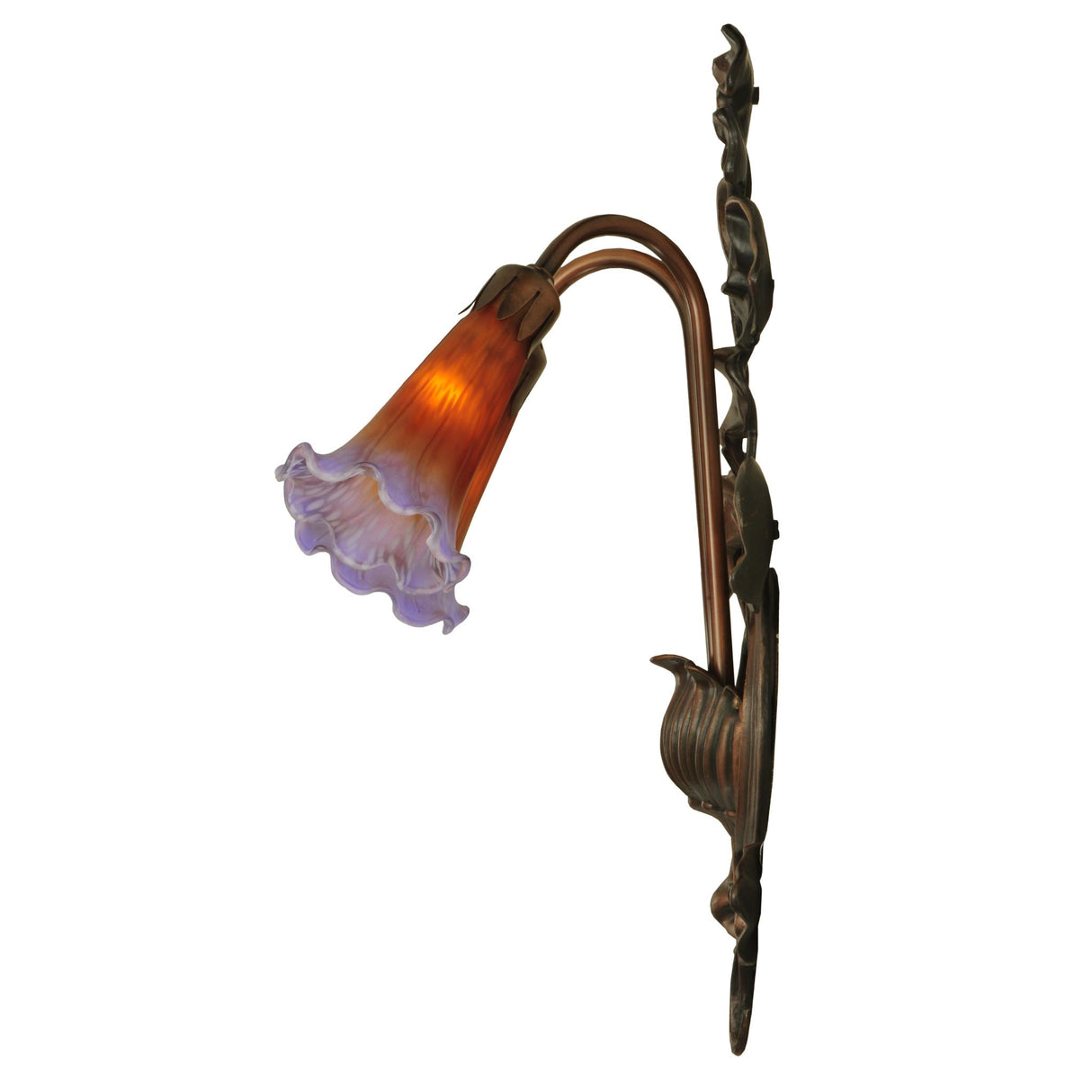 Side view of Amber and Purple Pond Lily wall sconce with curved bronze arms.