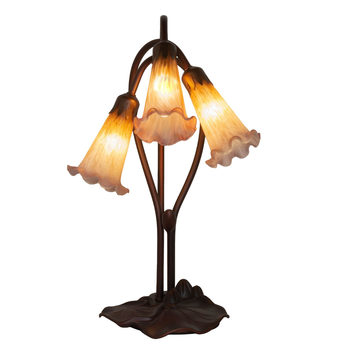rear view of amber-purple pond lily table base with delicately winding stems.