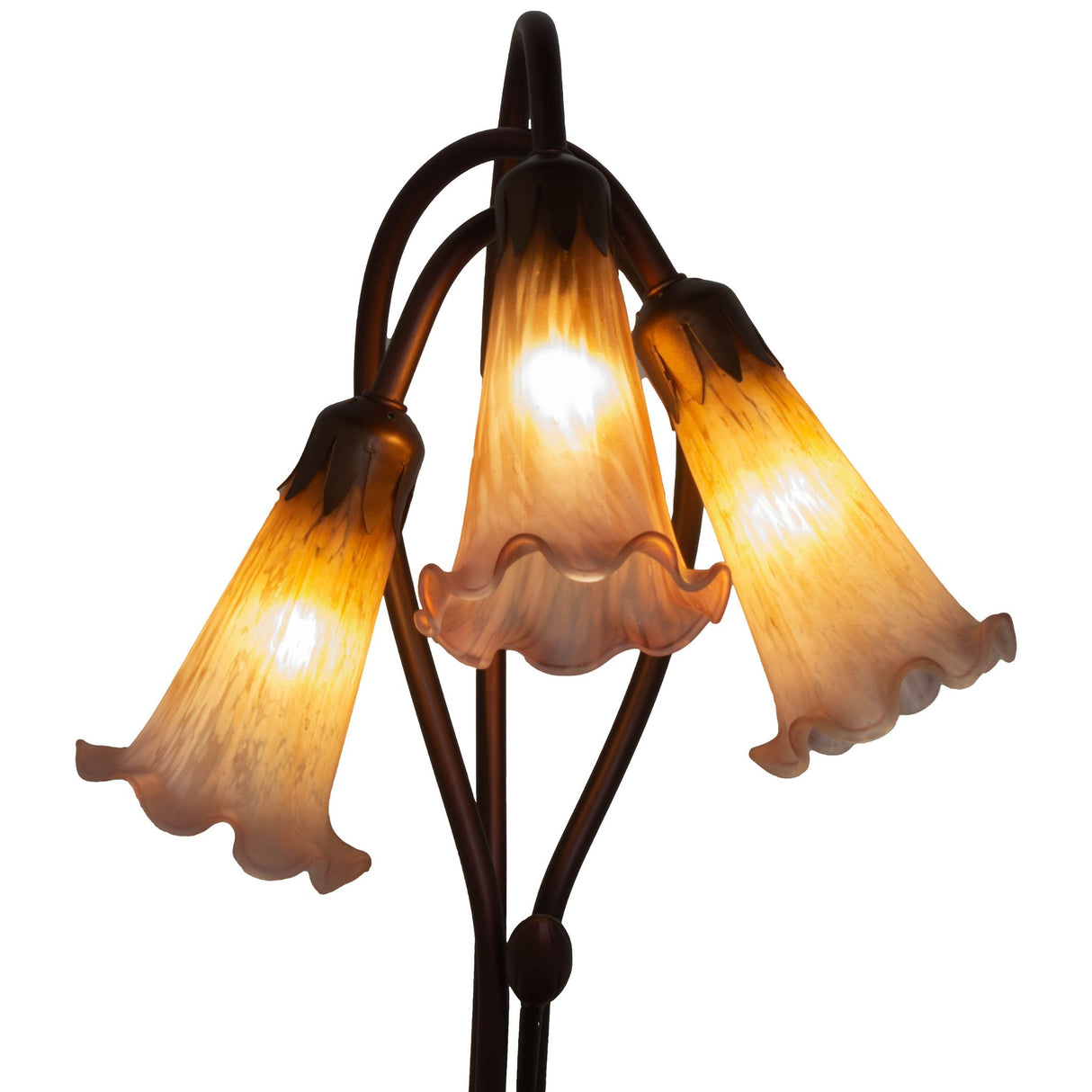 closeup view of mouth-blown amber and amethyst-tipped glass shades on pond lily table base.