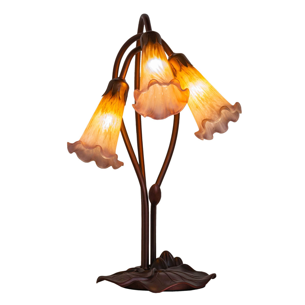 side angle view of amber-purple pond lily table base with intricate art nouveau design.