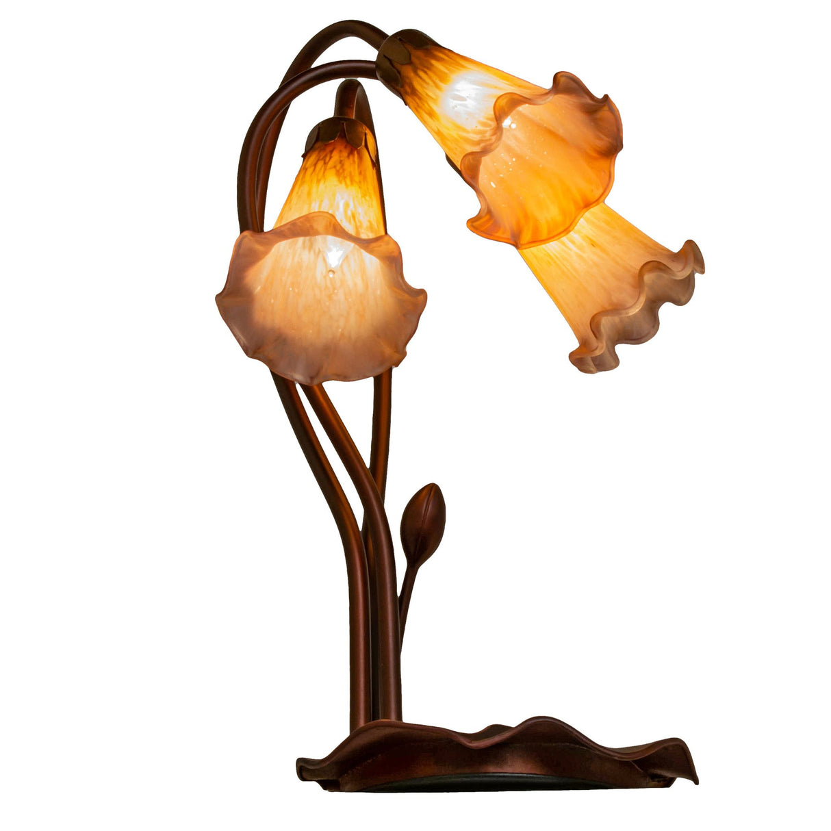 Side view of amber-purple pond lily table base with glowing hand-blown glass shades.