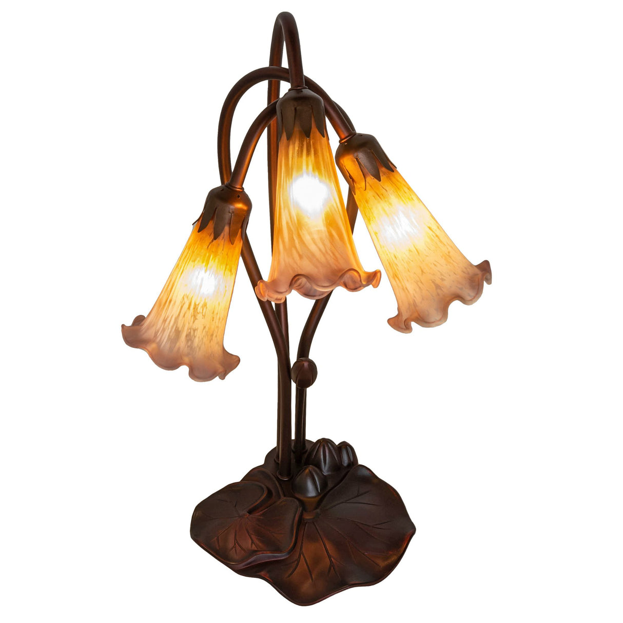 top view of amber-purple pond lily table base highlighting artistic shade arrangement.
