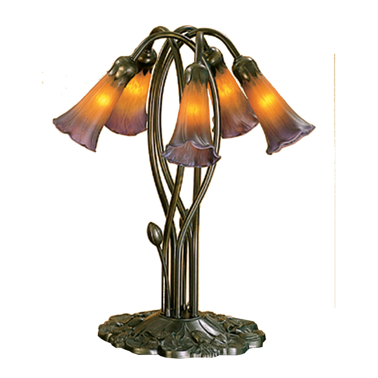 Illuminated amber and purple pond lily lamp showcasing its glow.