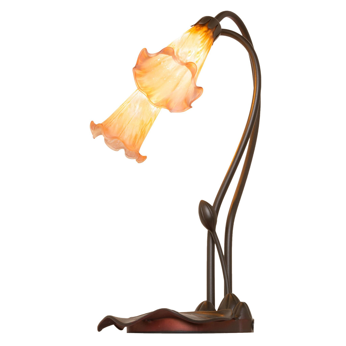 Angled view of the Amber/Purple Pond Lily table lamp with delicate stems and artistic shades.