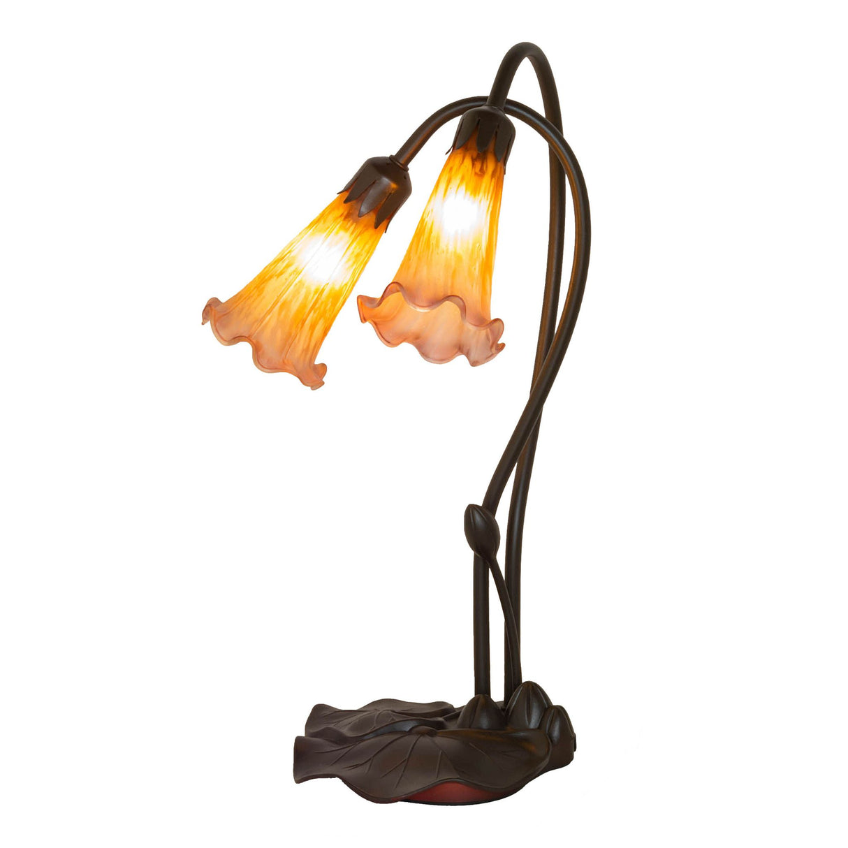 Main view of the Amber/Purple Pond Lily 2-light table lamp with amethyst-tipped amber shades.