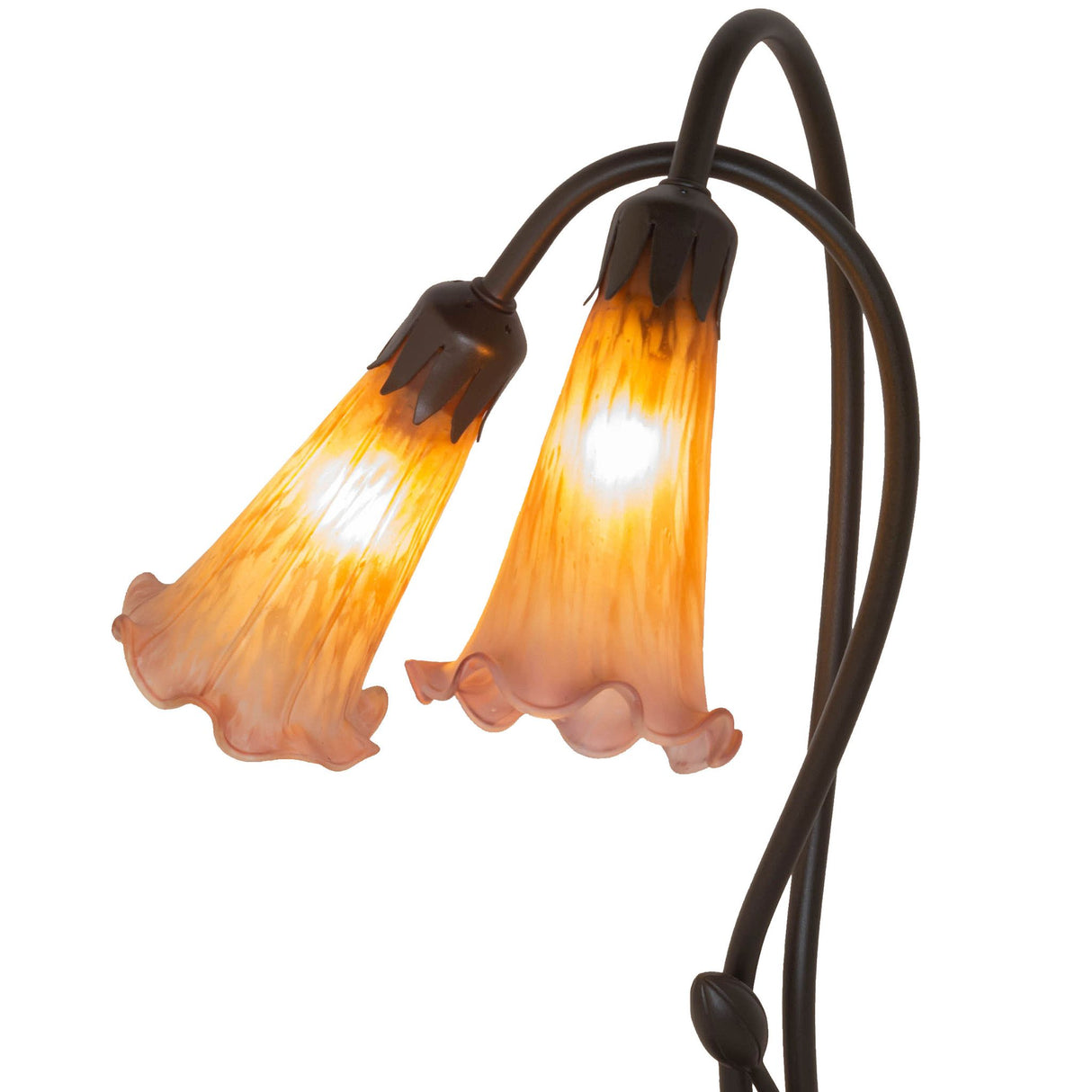 Closeup of the Amber/Purple Pond Lily lamp’s amethyst-tipped amber glass shades.
