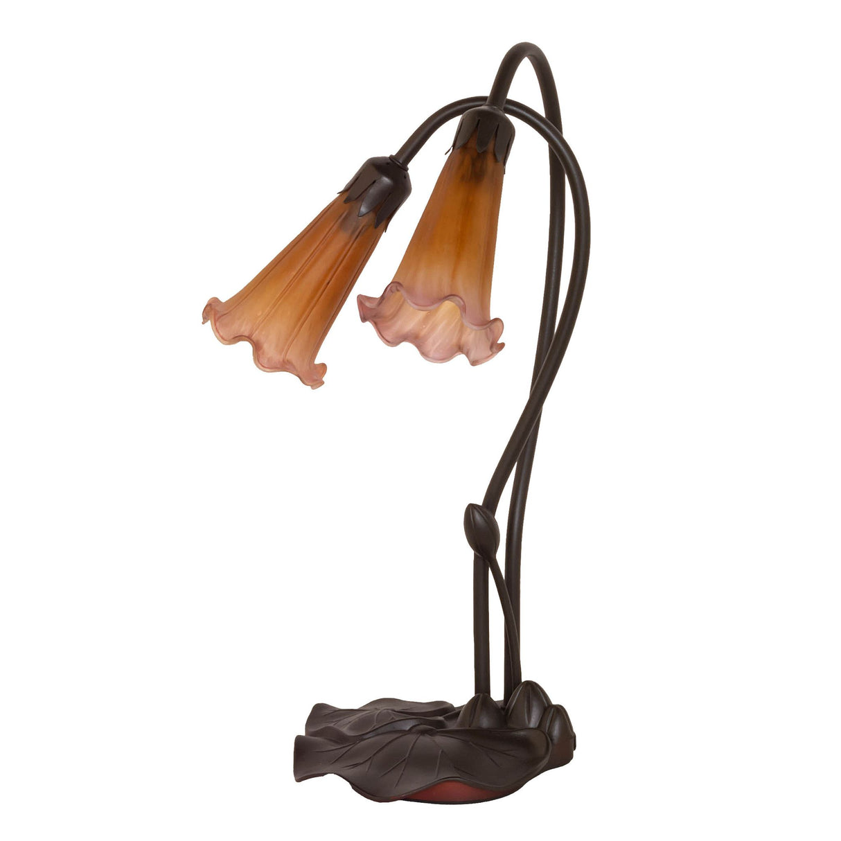 Unlit view of the Amber/Purple Pond Lily table lamp showcasing its intricate glass shades.
