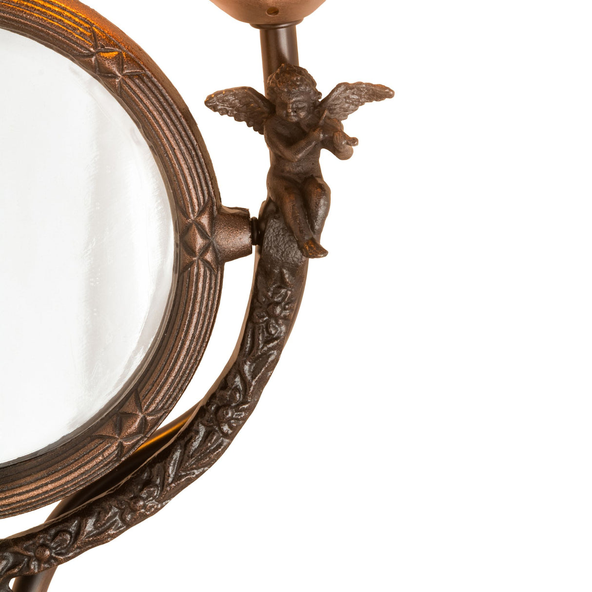 Detail view of cherub figure and ornate mirror frame on accent lamp.