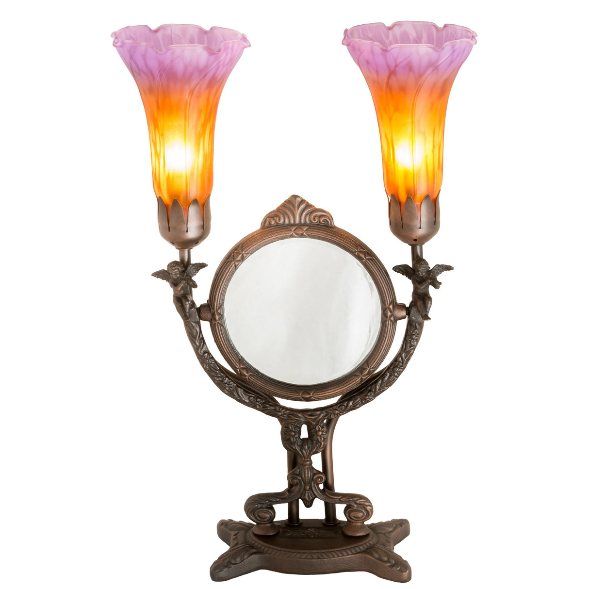 Lit view of Amber and purple pond lily twin cherub lamp.