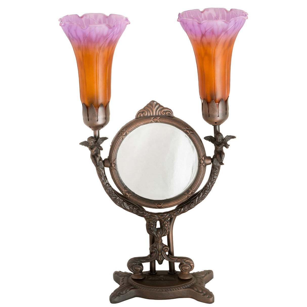 Unlit view of Amber and purple pond lily twin cherub lamp.