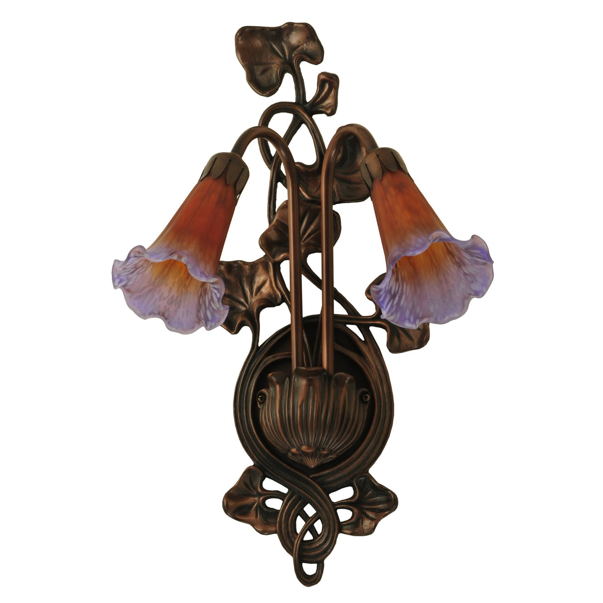 Amber and purple Pond Lily 2-light wall sconce with intricate bronze vine and leaf design.