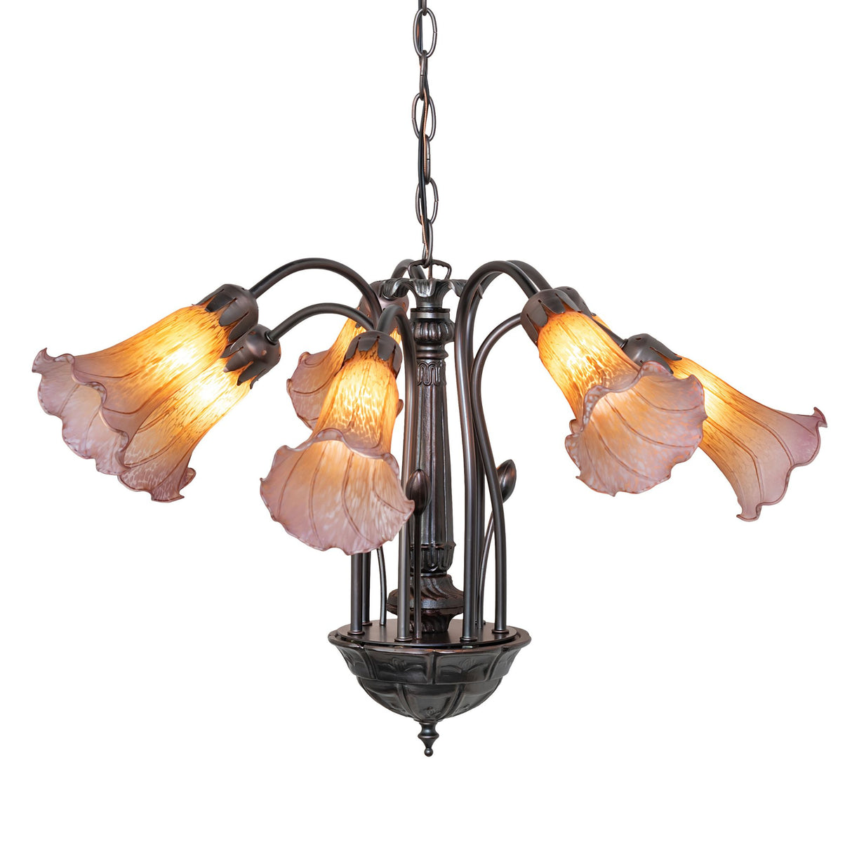 Amber and purple Tiffany-style chandelier with seven lily-shaped glass shades and a dark bronze metal frame.