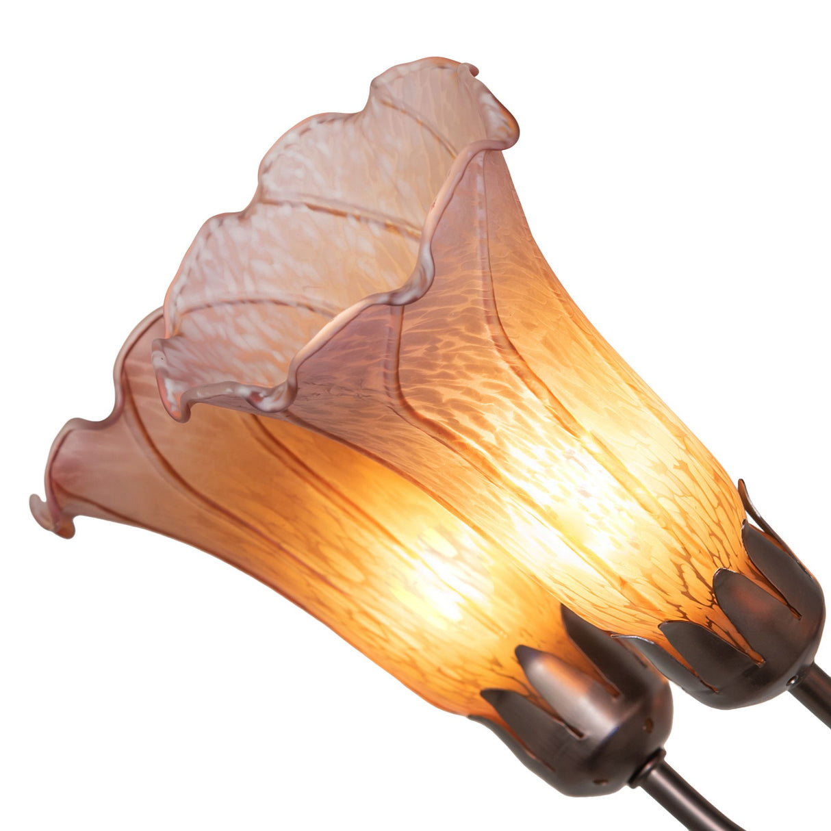 Close-up of the intricate amber and purple lily-shaped glass shades.