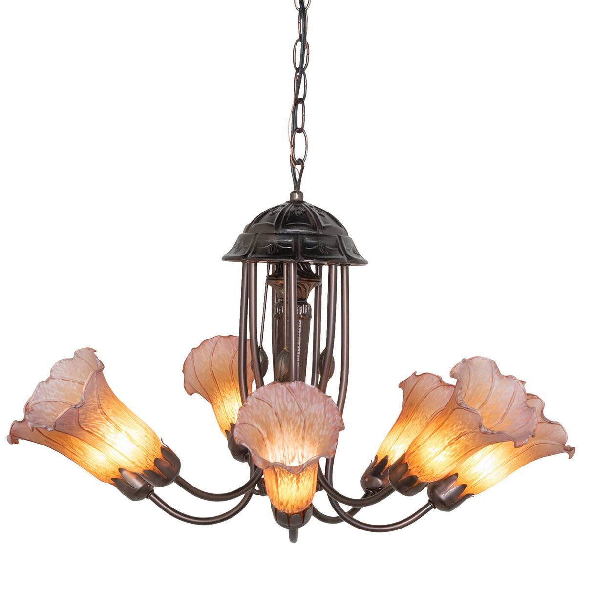 Full view of the Tiffany Pond Lily chandelier with amber and purple accents.