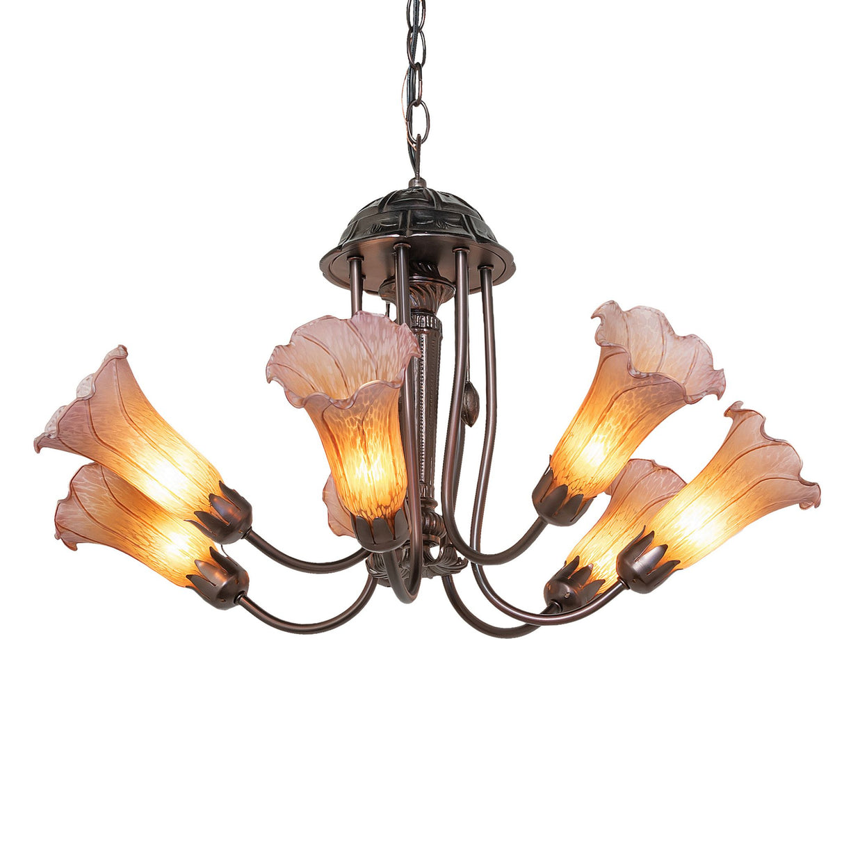 Hanging view highlighting the elegant design of the amber and purple chandelier.