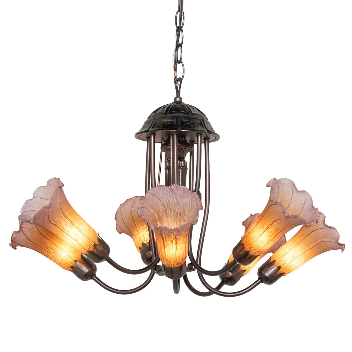 A warmly lit Amber and Purple Tiffany Pond Lily chandelier with intricate details.