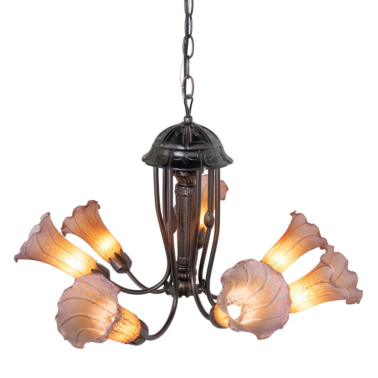Side view of the Amber and Purple Tiffany Pond Lily chandelier highlighting glass shades.