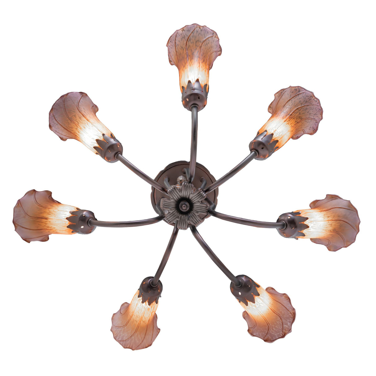 Top view featuring the warm amber and purple Favrile glass shades.