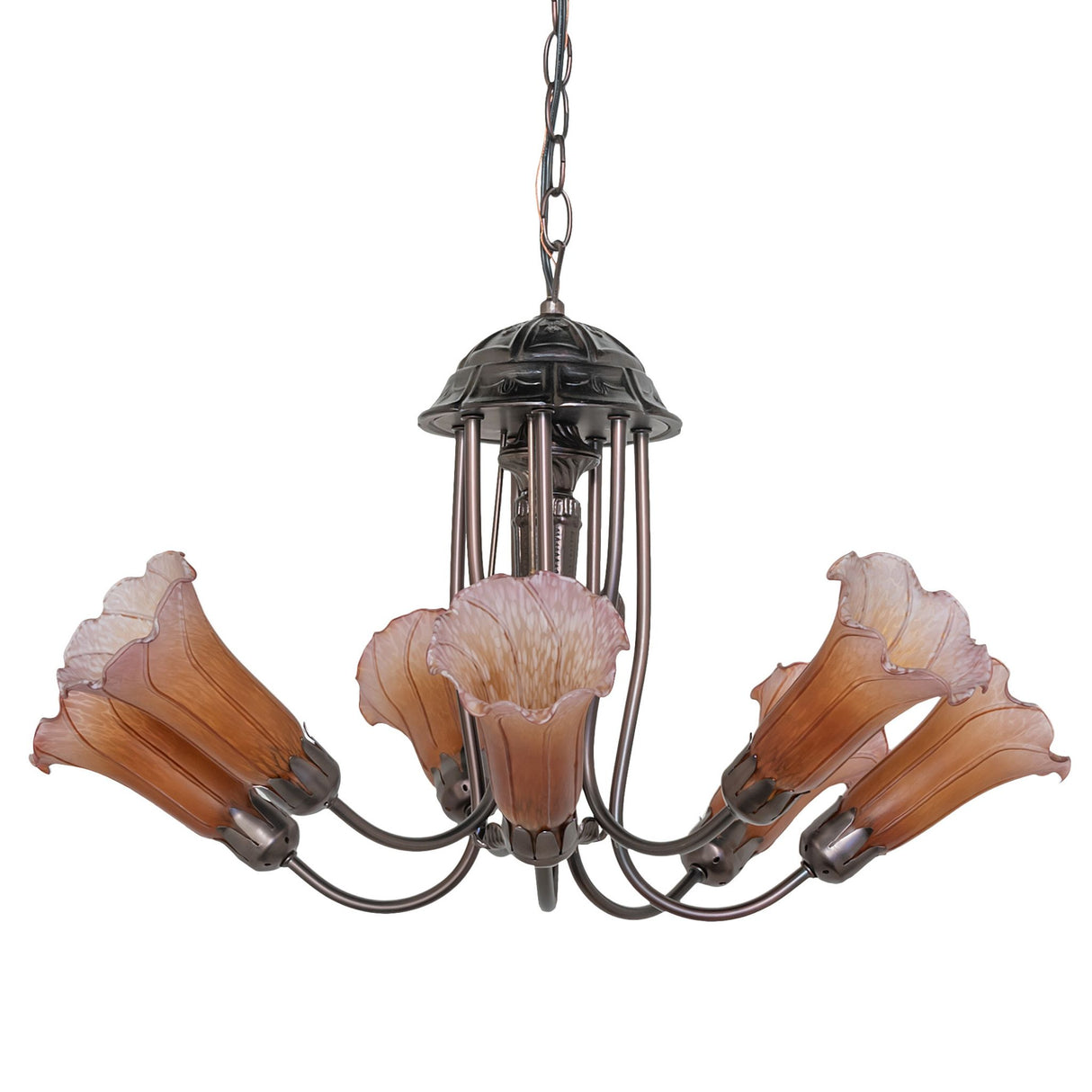 An elegant Amber and Purple Tiffany Pond Lily chandelier with unlit glass shades.