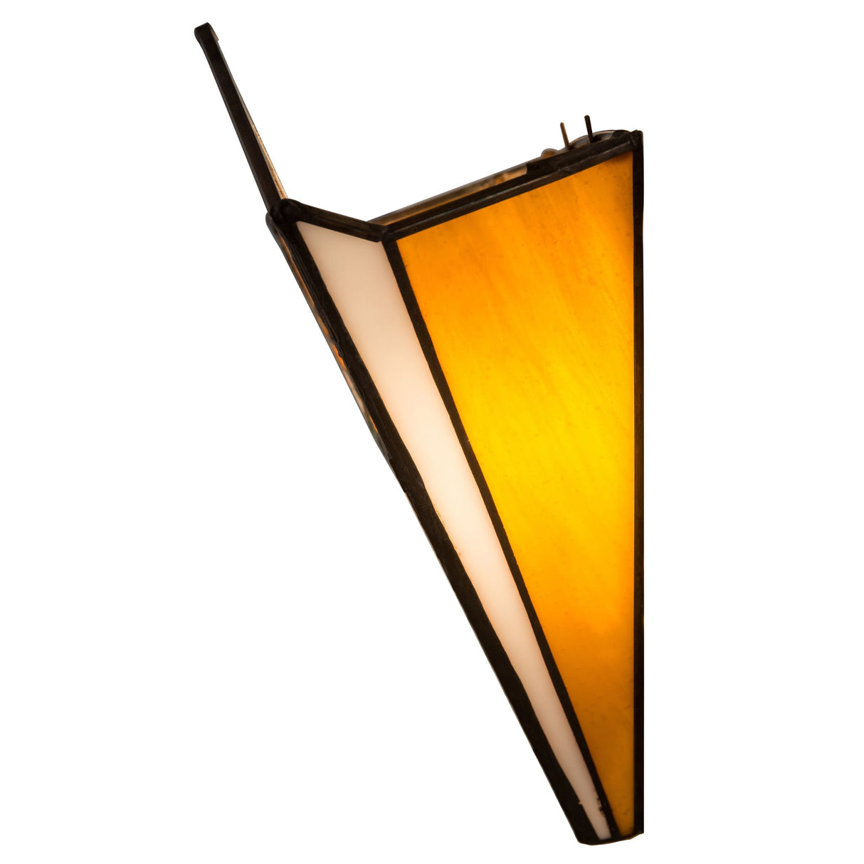 Illuminated amber stained glass Abilene sconce close-up.