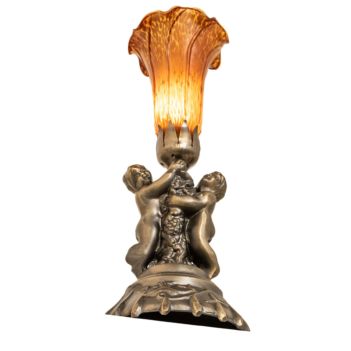 Bottom angle view of amber Tiffany-style cherub accent lamp.