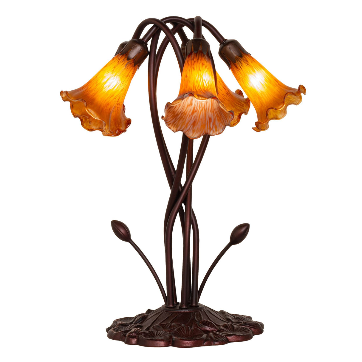 Side view of amber Tiffany pond lily lamp with vibrant glow.