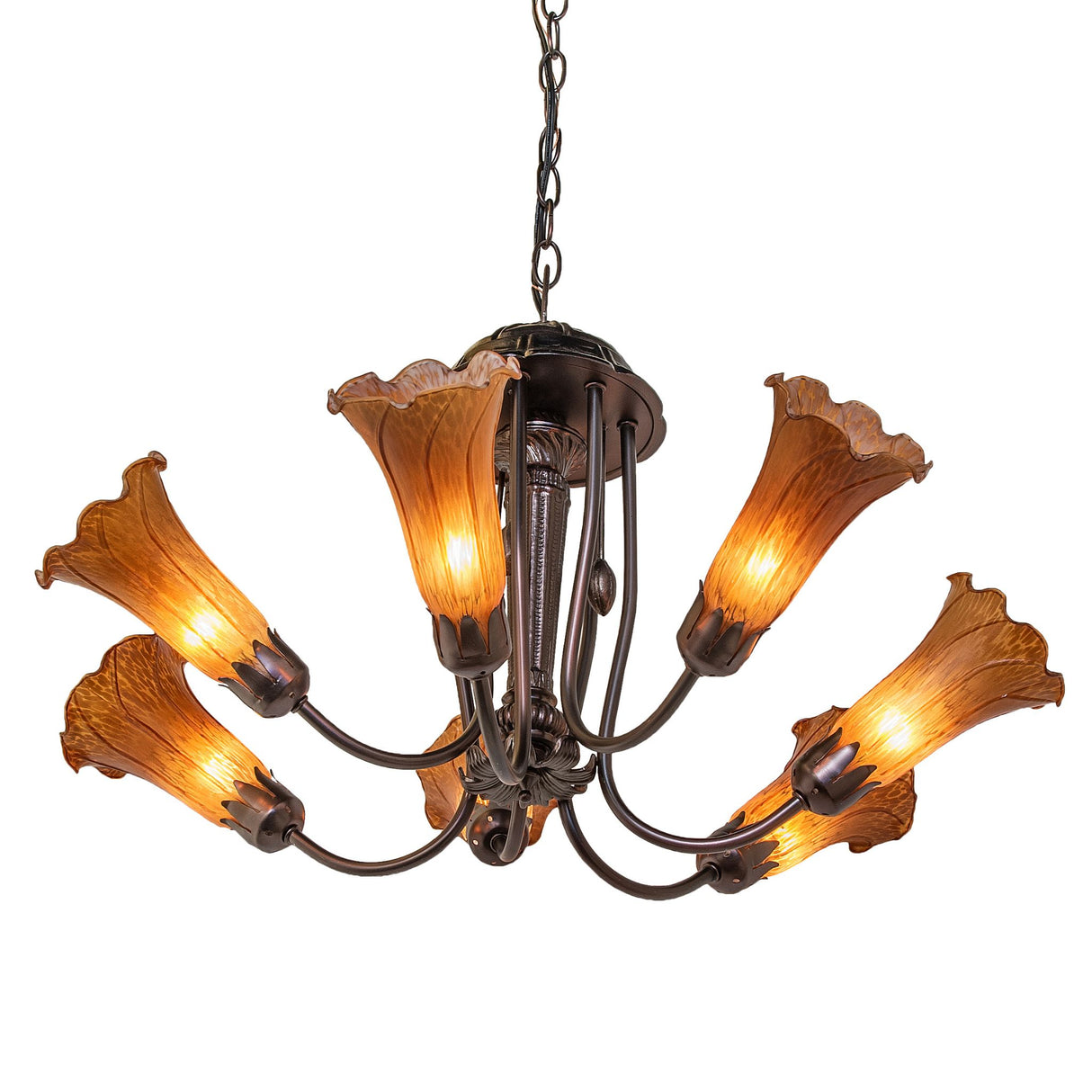 Amber Tiffany Pond Lily Chandelier highlighting its artistic glass shades.