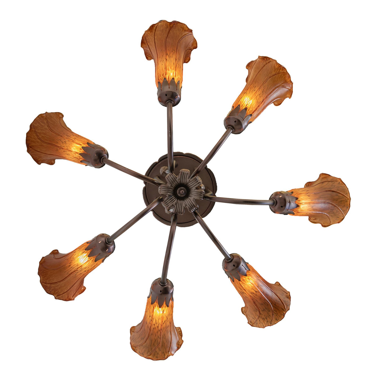 Bottom view of the Tiffany pond lily chandelier with arrangement of 7 amber glass shades.