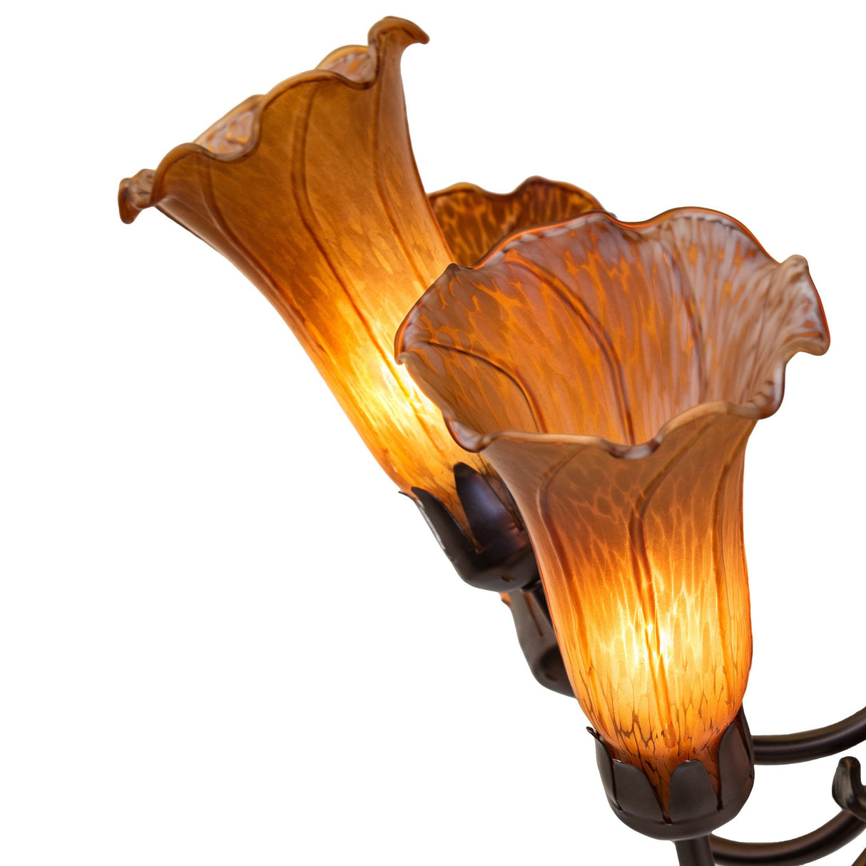 Close-up of Amber Tiffany Pond Lily Chandelier showing vibrant amber glass shades.