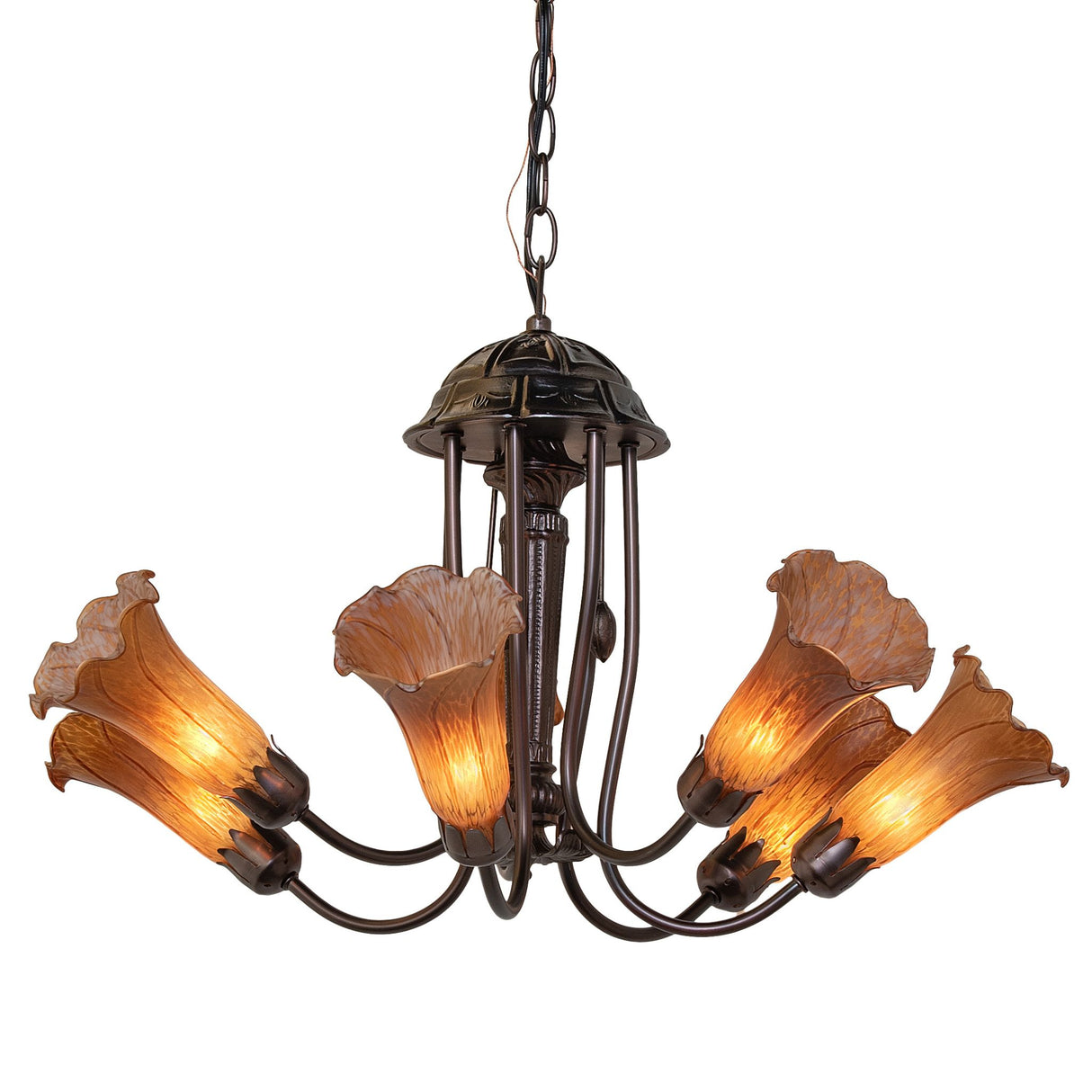 Amber Tiffany Pond Lily 7 Light Chandelier with elegant curvaceous frame.
