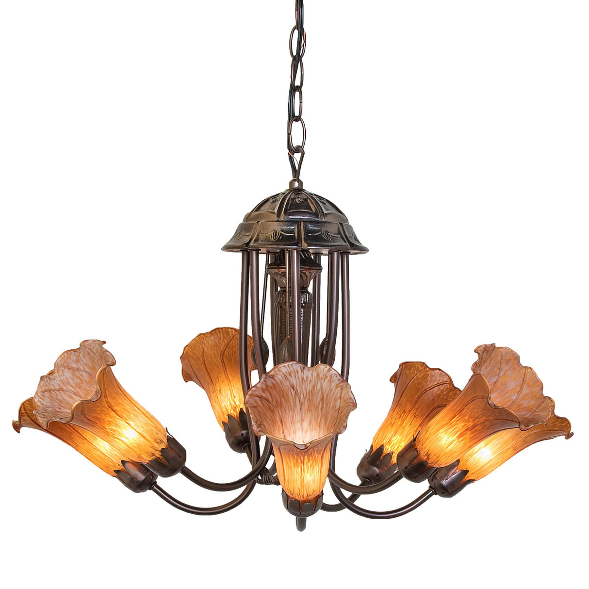 Side view of Amber Tiffany Pond Lily chandelier with 7 lights.