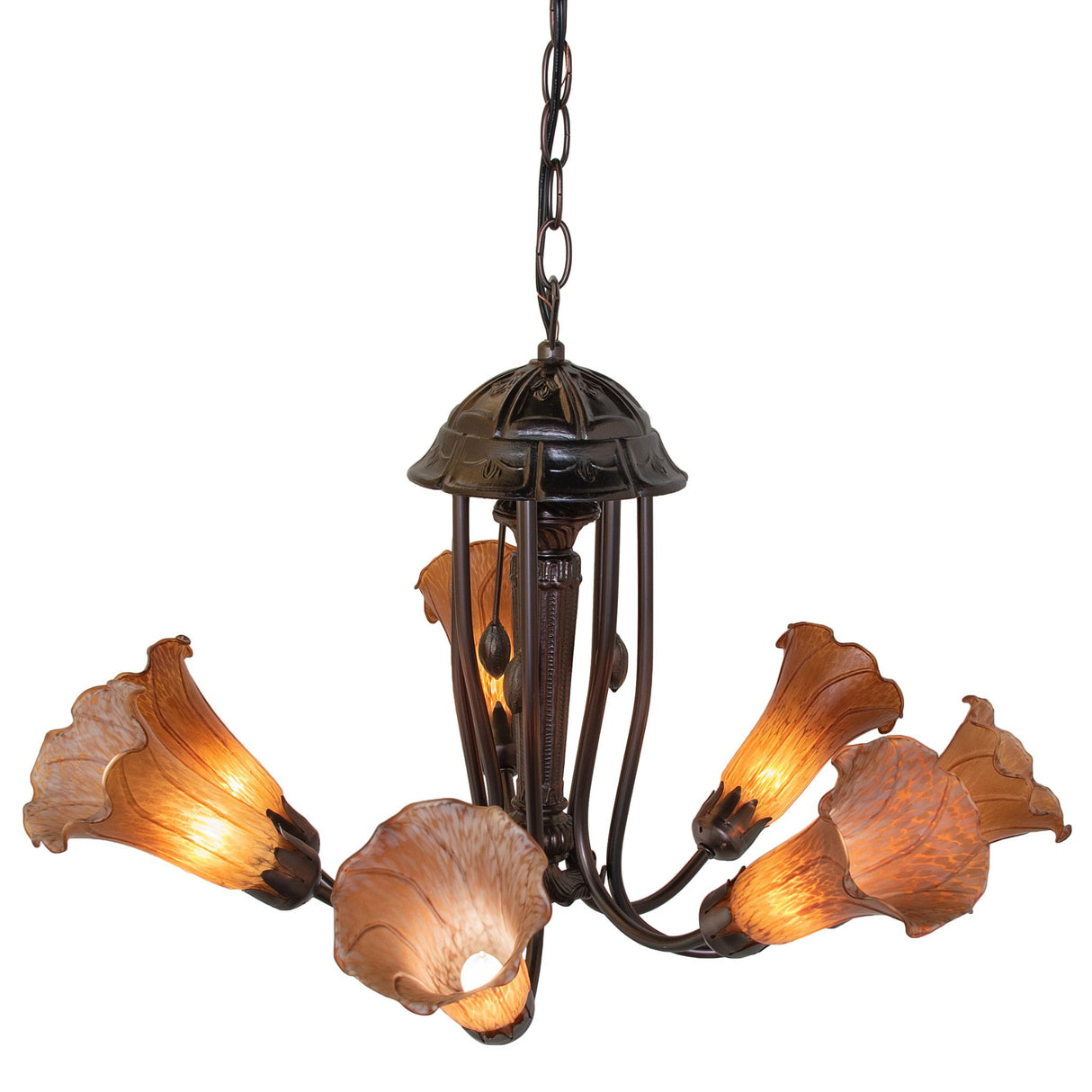 Amber Tiffany Pond Lily Chandelier displaying intricate design details.